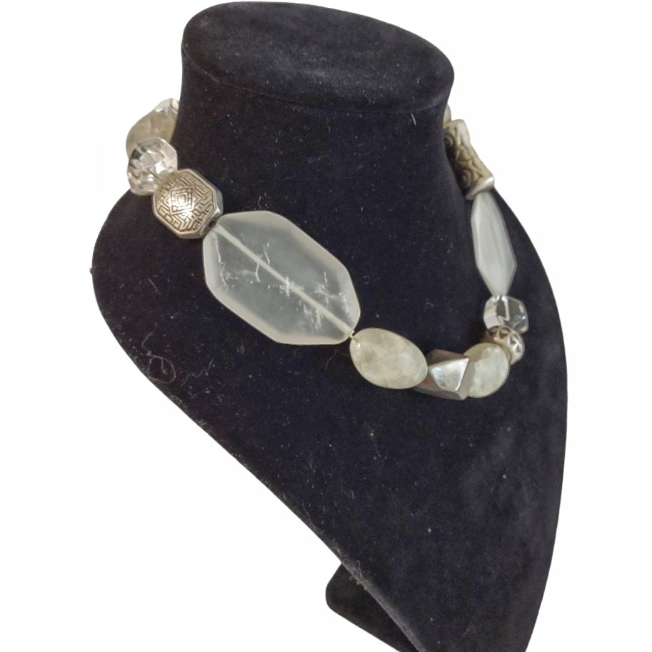 Frosted Tumbled Clear Glass Choker Necklace Silver Metal Beads Magnetic Closure